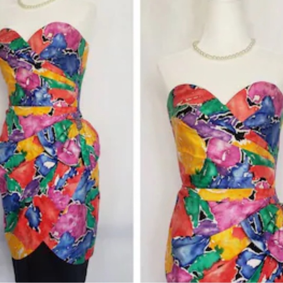 Lillie Rubin 1980s Floral Rhinestones Strapless Party Dress Womens Sz 4 Vtg Glam - Picture 1 of 6
